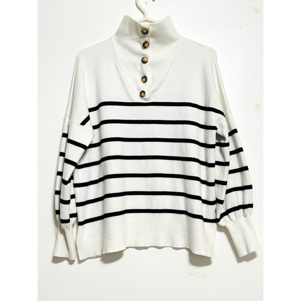 Oversized Puff Sleeve Sweater Women's Sz M Cream Black High Button Neck